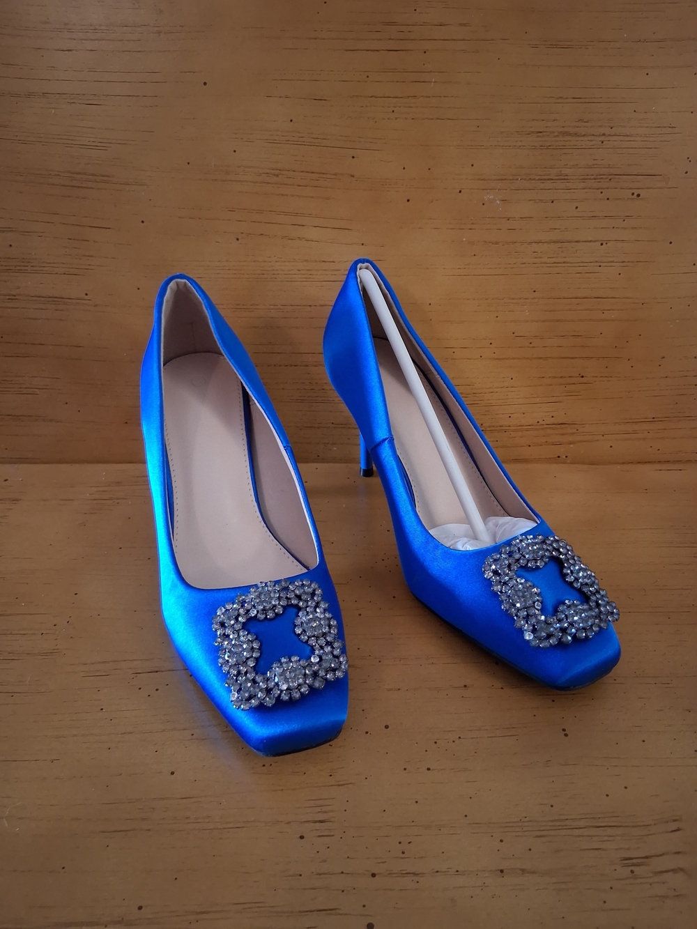 Blue Satin Pumps with Crystal Buckle Accent